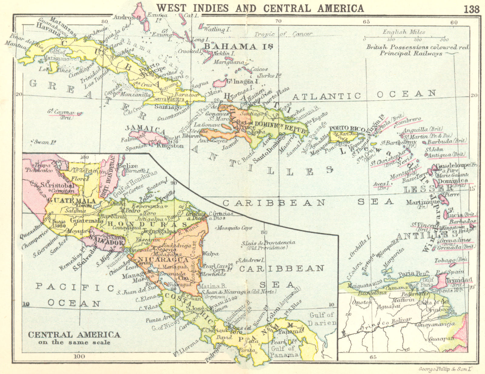 WEST INDIES. West Indies; Inset Map of Central America; Small map 1912 old